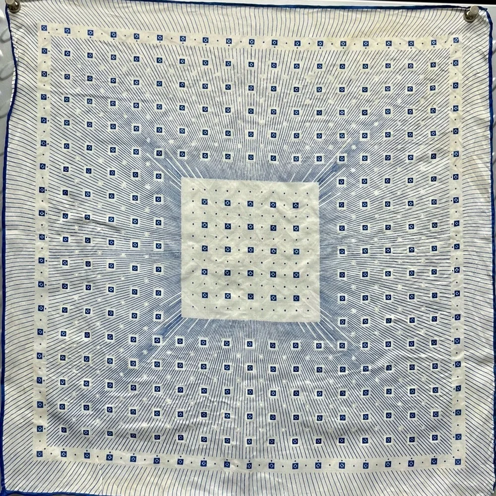 Vintage Silk Blue White Geometric Pocket Square Neckerchief Hand Rolled Scarf